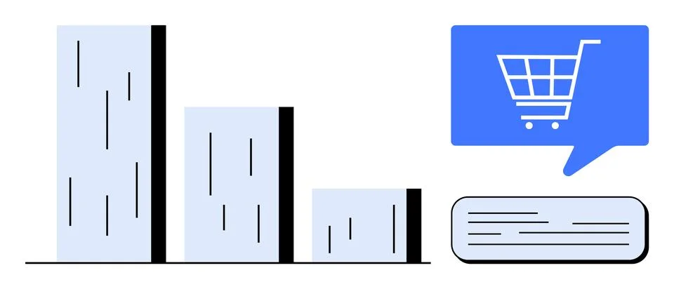Bar chart showing data distribution, speech bubble with shopping cart icon ab Stock Illustration