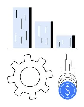 Bar chart showing decrease, gear, and falling coins with dollar sign emphasiz イラスト素材