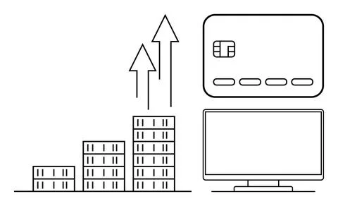 Bar chart showing increasing growth, credit card, computer monitor, and upwar Stock Illustration
