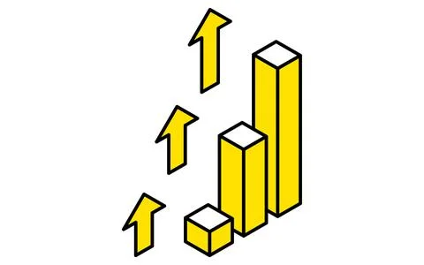 Bar chart showing rapid rise, business icons for targets, goal attainment, .. イラスト素材