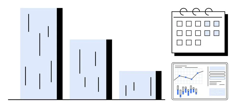 Bar chart shows descending values beside a calendar and a data analysis scree Illustrazione stock