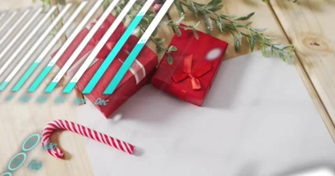 Bar chart sliding over gift boxes morphing into data overlays to illustrate Stock Footage 328507716