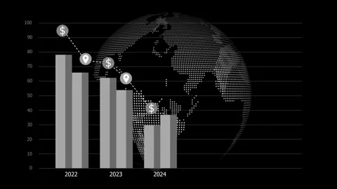 Bar chart with three colored bars for 2022 and 2026 on dark background with.. Stock Footage 334760695