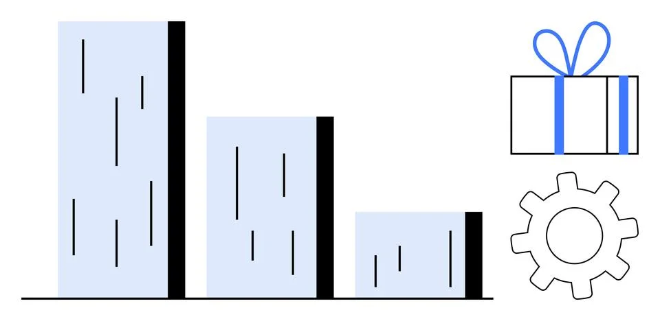 Bar chart with three declining bars, gift box, and gear icon representing per Stock Illustration