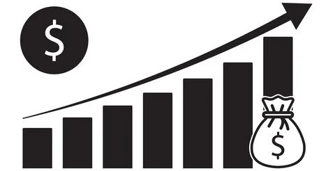 Bar chart with upward arrow and money bag icon Stock Illustration