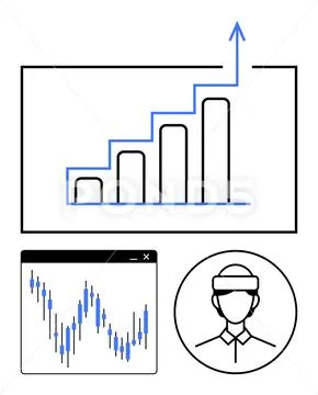Bar chart with upward trend arrow, stock market candlestick graph, and ...
