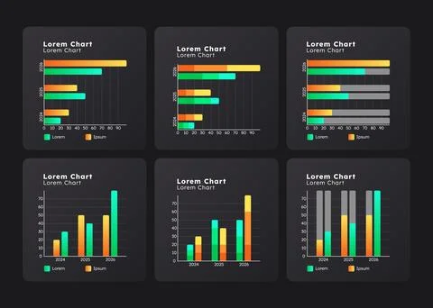 Bar charts vertical horizontal graph ux dashboard dark se Stock Illustration