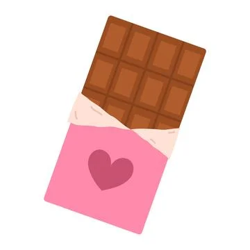 Bar of chocolate in pink torn package with heart. Valentines day concept Stock Illustration