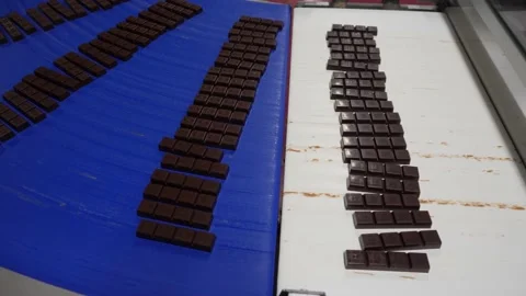 A bar of chocolates moves along a conveyor belt in a confectionery factory  Stock Footage 146160136