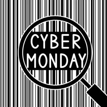 Bar code and Cyber Monday through the magnifying glass. Stock-Illustration