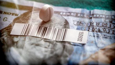 Bar code and a white pill on a ticket of dollar, concept of sanitary copaymen Stock-Fotos