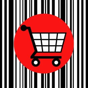 Bar code background with red circle and black shopping cart symbol icon of .. Stock Illustration