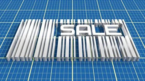 Bar code on blue print backdrop with sale word silver bar code with sale t... Foto stock