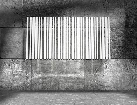 Bar code on concrete wall Bar code on concrete wall in empty room. 3D rend... Foto stock