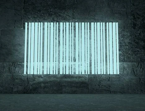 Bar code on concrete wall Bar code on concrete wall in empty room. Neon sh... Foto stock