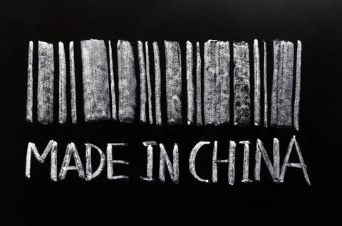 Bar code of "made in china"written with chalk on a blackboard Foto stock