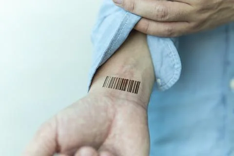 Bar code is on man hand. Clone of DNA and human genome. The concept digital Foto stock