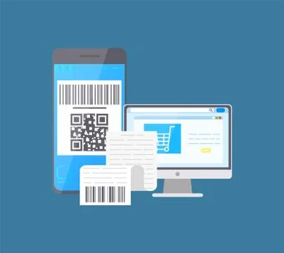 Bar Code on Mobile Phone and Laptop Shopping Bill Stock Illustration