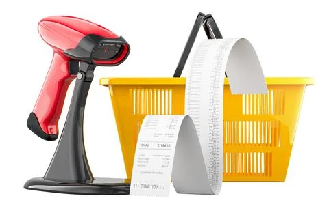 Bar code reader with printed receipt and shopping basket. 3D rendering Stock Illustration