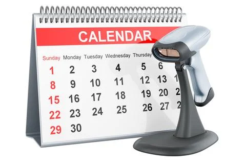 Bar code reader, scanner with desk calendar. 3D rendering Illustrazione stock