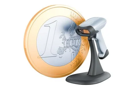 Bar code reader, scanner with euro coin. 3D rendering Stock Illustration