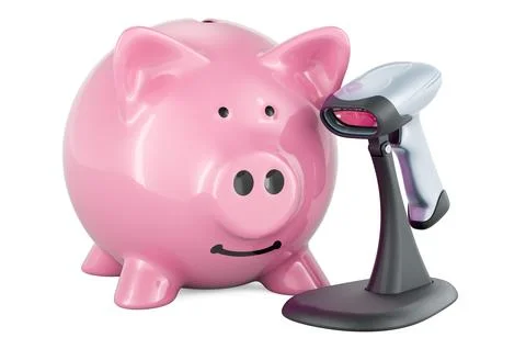Bar code reader, scanner with piggy bank. 3D rendering Illustrazione stock