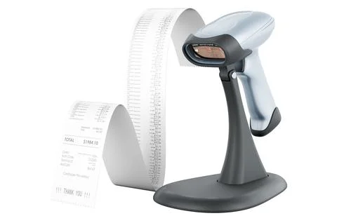 Bar code reader, scanner with printed receipt. 3D rendering Stock-Illustration