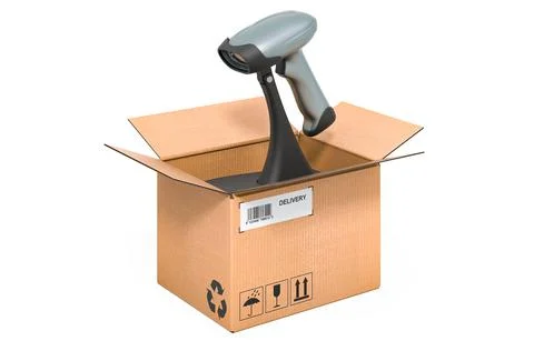 Bar code scanner inside cardboard box, delivery concept. 3D rendering Stock Illustration