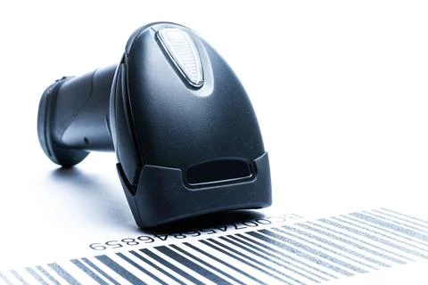 Bar code scanner. Reader laser scanner for warehouse. Retail label barcode sc Stock Photos
