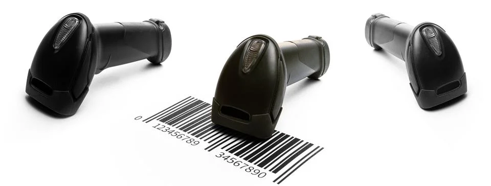 Bar code scanner set. Reader laser scanner for warehouse. Retail label barcode Stock-Fotos