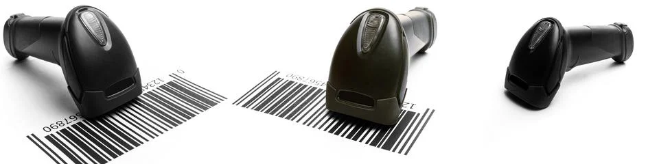Bar code scanner set. Reader laser scanner for warehouse. Retail label barcode Stock Photos