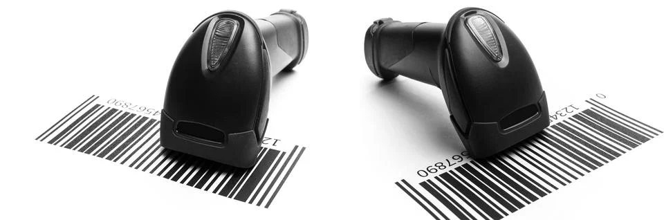 Bar code scanner set. Reader laser scanner for warehouse. Retail label barcode Stock Photos