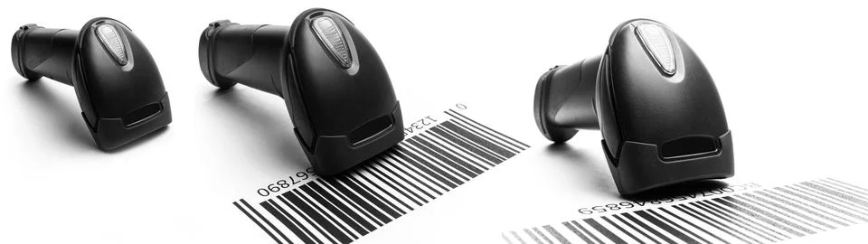 Bar code scanner set. Retail label barcode scan. Reader laser scanner for Stock Photos