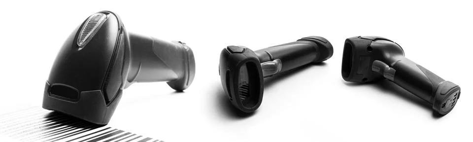 Bar code scanner set. Retail label barcode scan. Reader laser scanner for Stock Photos