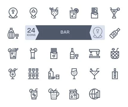 Bar Comprehensive Vector Bundle with 24 Pixel Aligned Bold Line High Resolu.. Stock Illustration