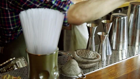 Bar counter. The bartender preparing to work in the bar. 4K 動画素材 95202083