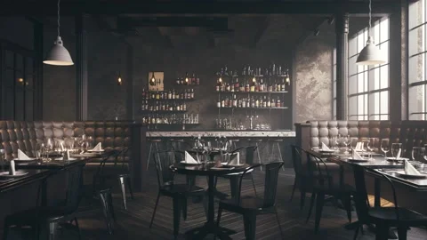 Bar counter in an empty restaurant. Realistic 3d visualization Stock Footage