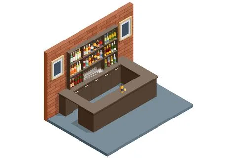 Bar Counter. Isometric bar interior with counter, bottles and glasses. Nightlife Stock Illustration