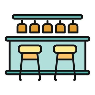 Bar counter with stools and hanging glasses icon Stock Illustration