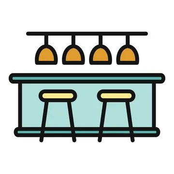 Bar counter with stools and hanging wine glasses line icon Illustrazione stock