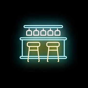 Bar counter with stools in neon light sign Stock Illustration