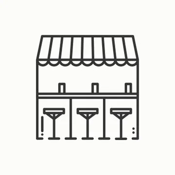 Bar counter with stools thin line icon. Street food retail. Mobile coffee hou Stock Illustration