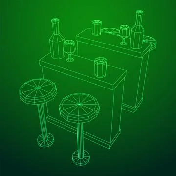 Bar counter with stools. Wireframe illustration. Stock Illustration