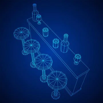 Bar counter with stools. Wireframe illustration. Stock Illustration