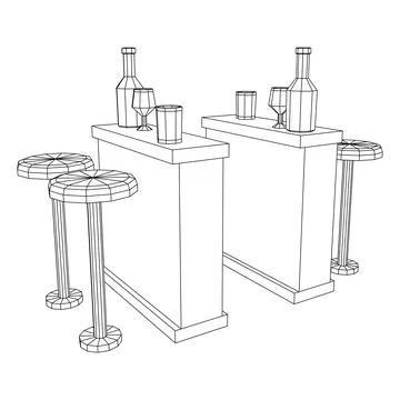 Bar counter with stools. Wireframe illustration. Illustrazione stock