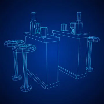 Bar counter with stools. Wireframe illustration. Ilustración de archivo