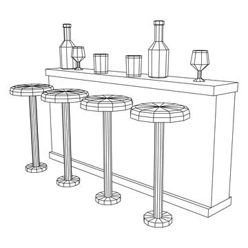 Bar counter with stools. Wireframe illustration. Stock Illustration