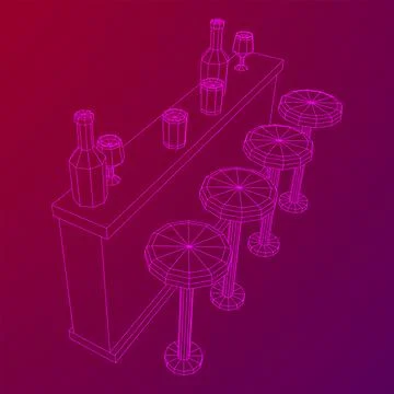 Bar counter with stools. Wireframe illustration. Stock Illustration