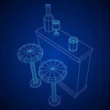 Bar counter with stools. Wireframe illustration. Stock Illustration