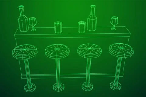 Bar counter with stools. Wireframe illustration. Stock Illustration